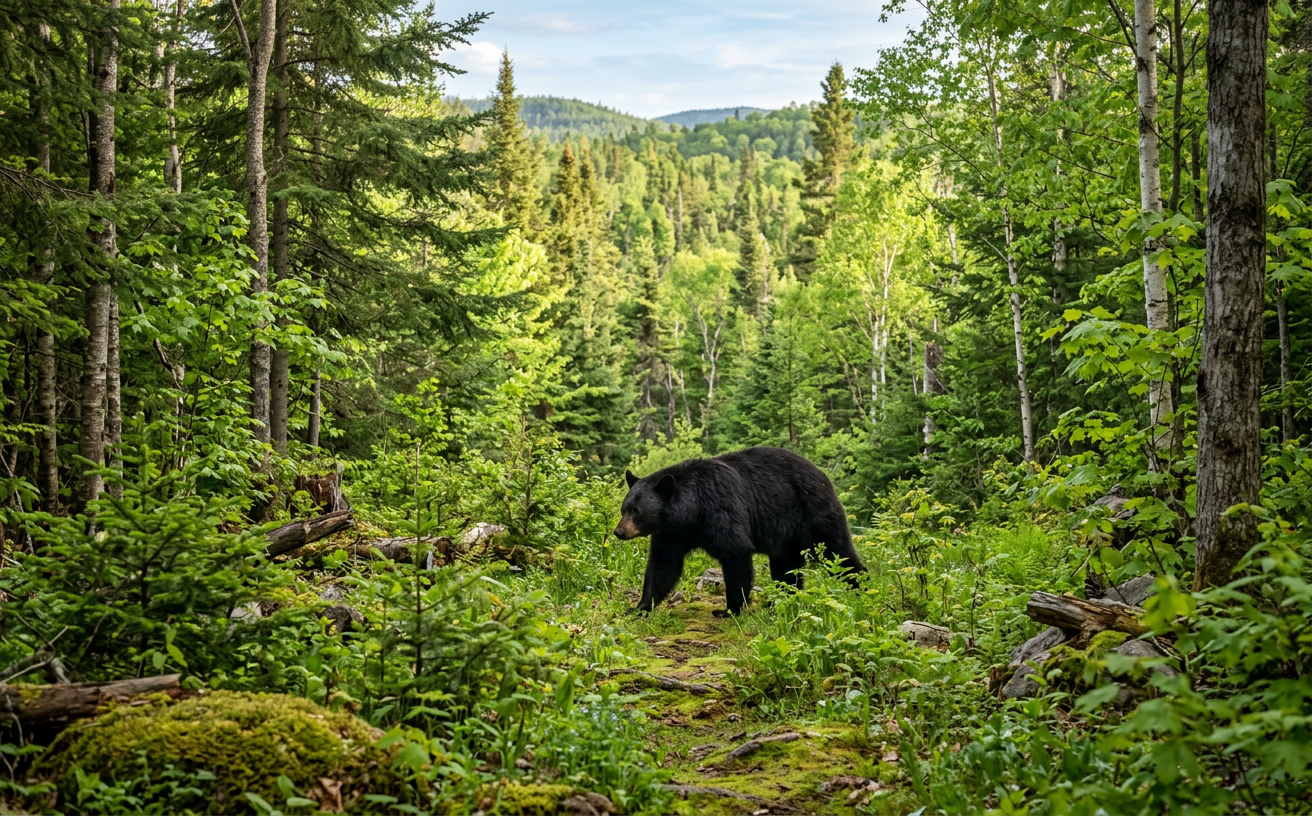 Ours noir dans la forêt québécoise au printemps