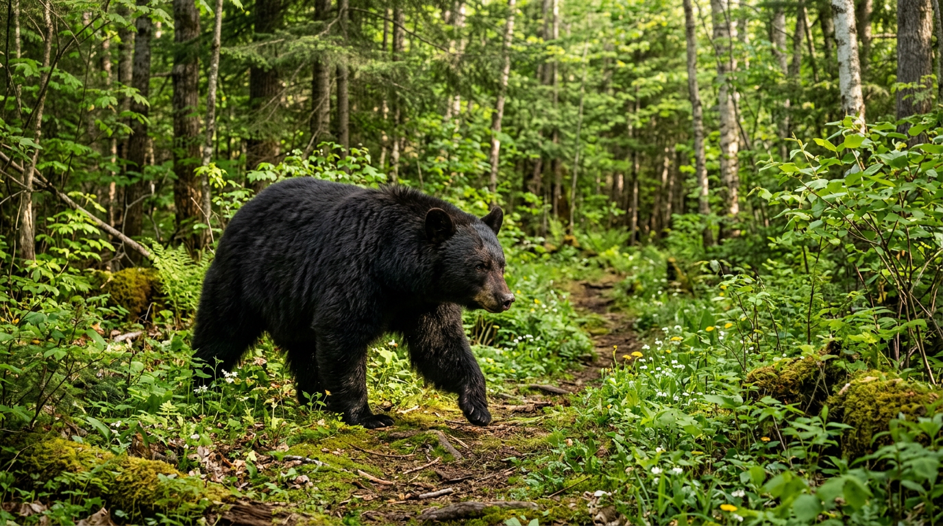 A black bear walking through the Outaouais forest in spring.