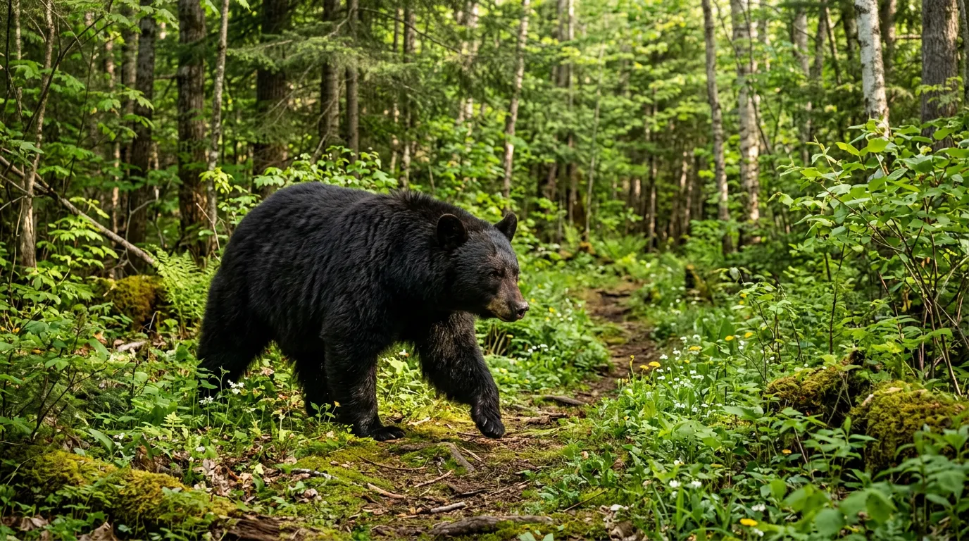 A black bear walking through the Outaouais forest in spring.