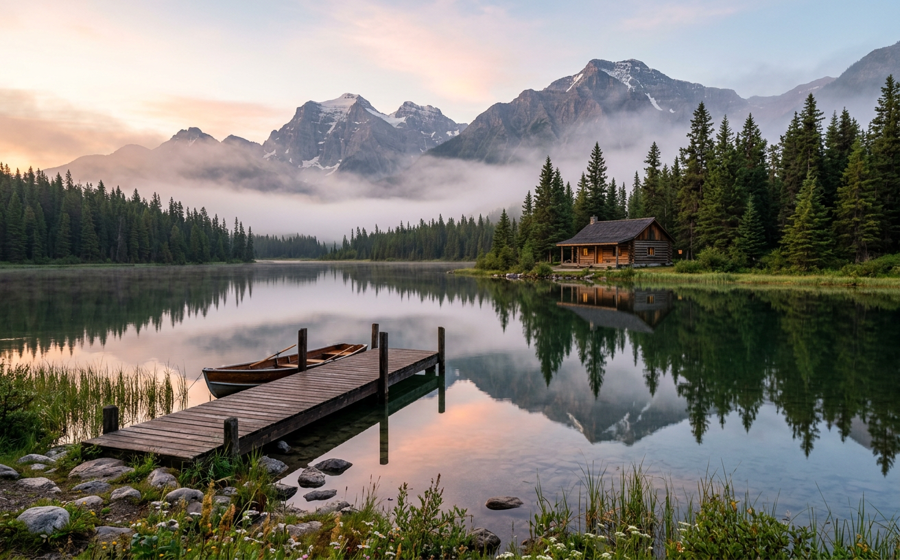 A peaceful mountain lake with a wooden pier and a rustic cabin in British Columbia.