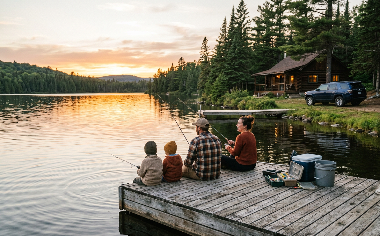 A family fishing from a dock in front of a log cabin at a Canadian fishing lodge.