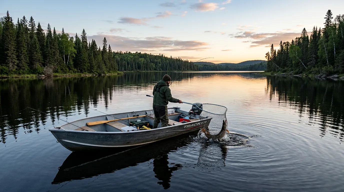 Un pêcheur souriant remonte un énorme brochet dans une épuisette sur un lac calme du Québec.