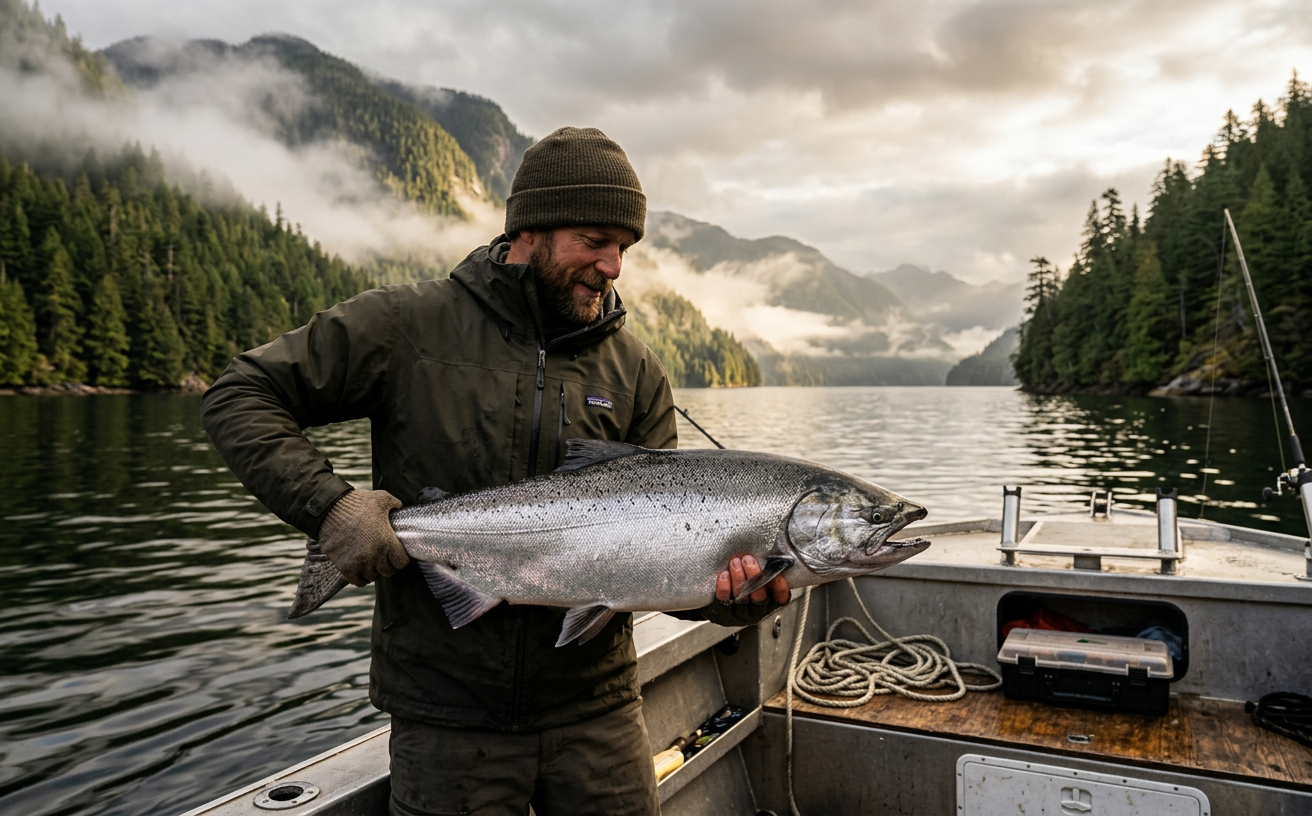 Pêcheur tenant un gros saumon chinook argenté devant les montagnes de la Colombie-Britannique.