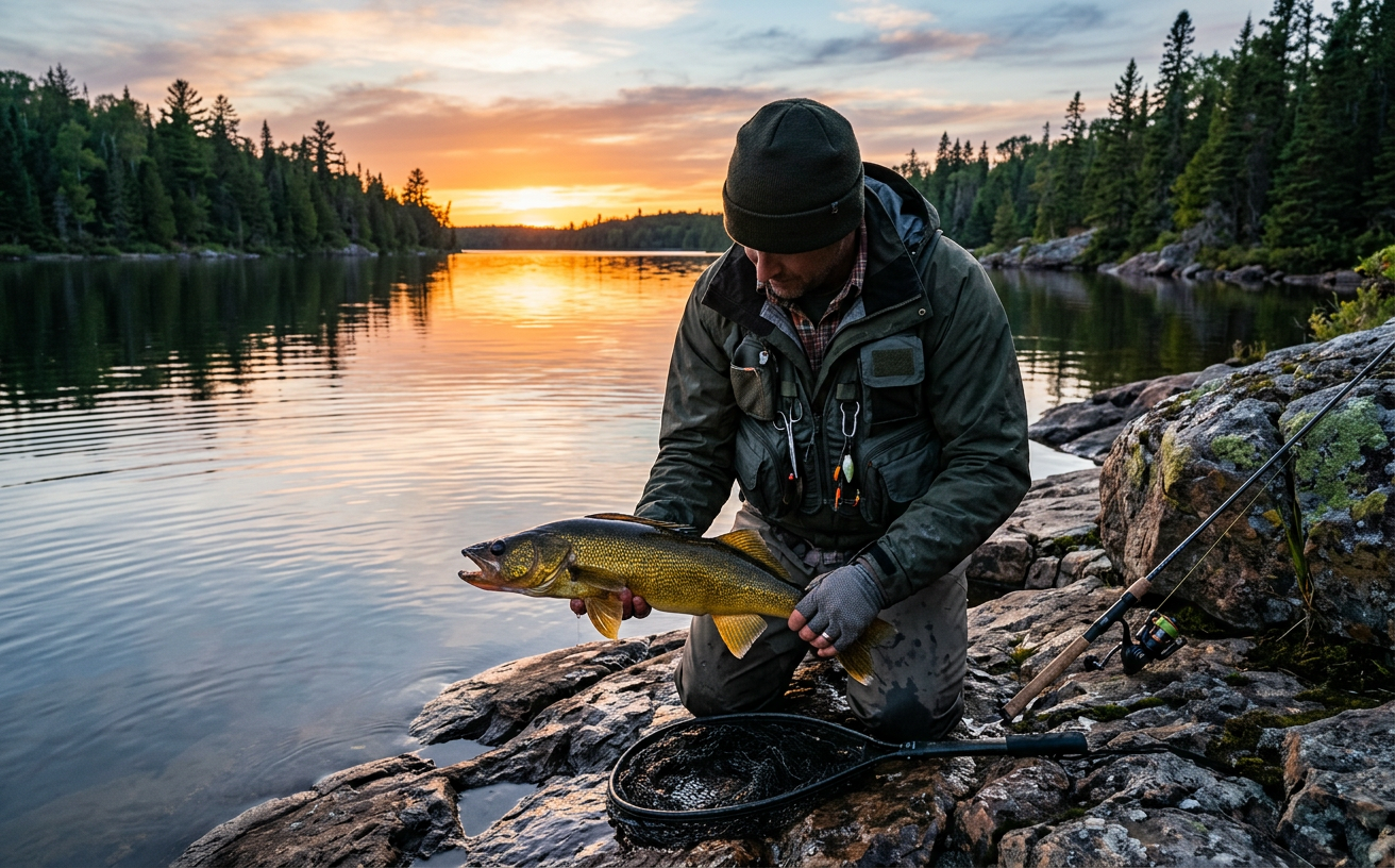 Un pêcheur fier tenant un gros doré jaune devant un lac de l'Ontario au coucher du soleil.