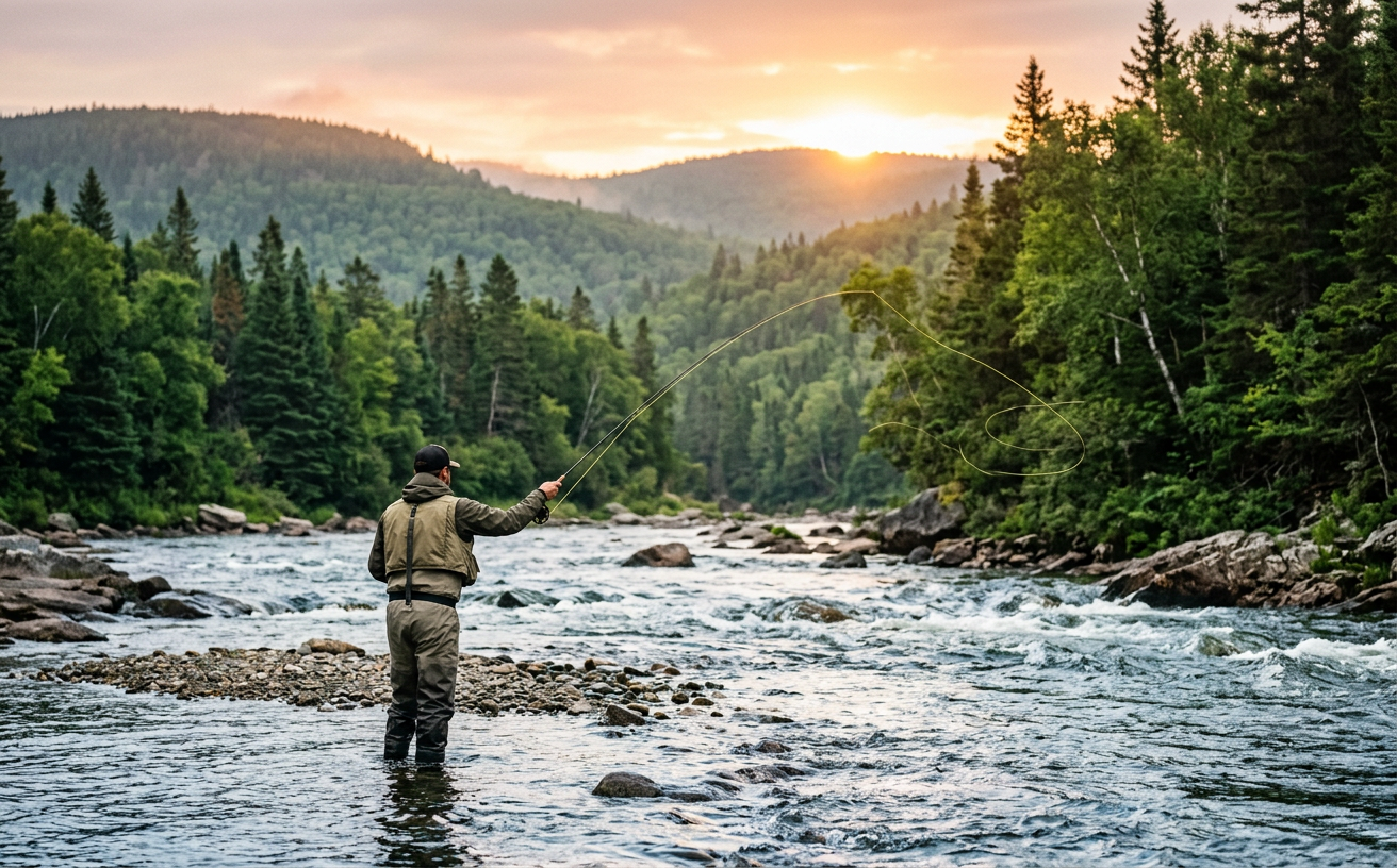 Fly fisherman casting a line into a New Brunswick salmon river at sunrise.