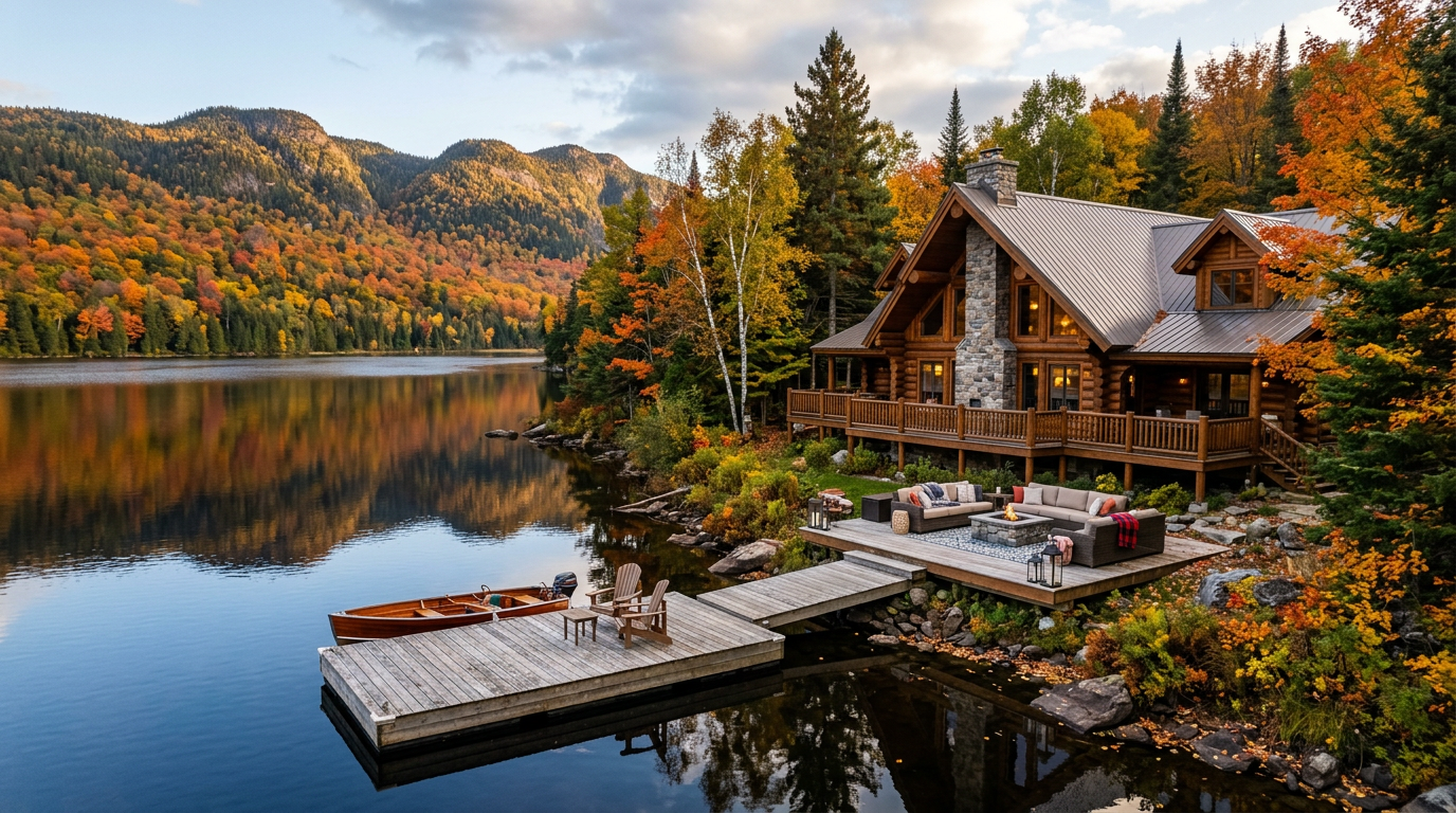 A luxury log cabin lodge on the shore of a lake in Mauricie.