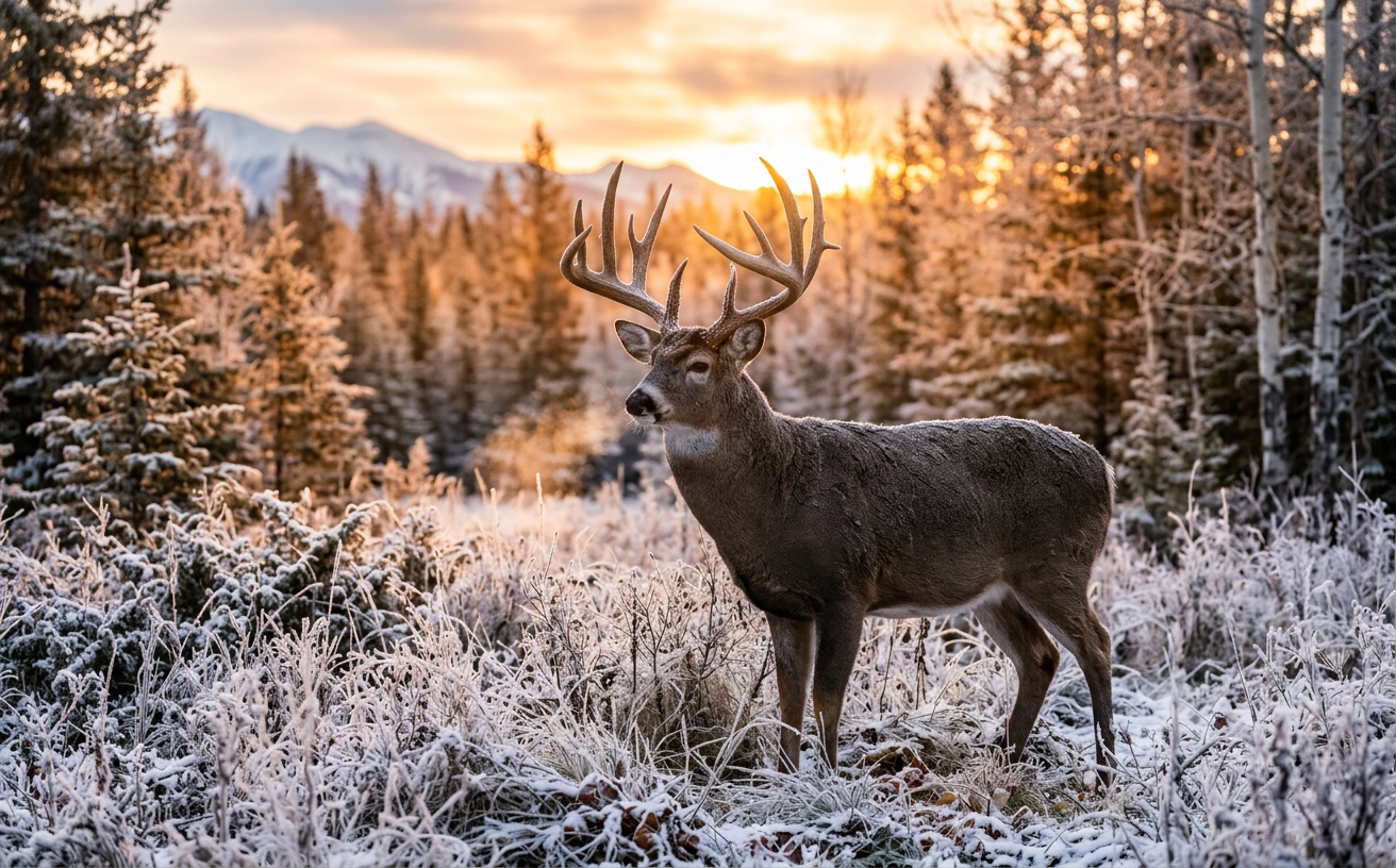 Large trophy whitetail buck in a frosted Alberta forest at sunrise.