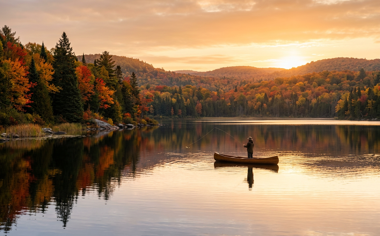 Pêcheur lançant sa ligne depuis un canot sur un lac paisible de Lanaudière au lever du soleil.