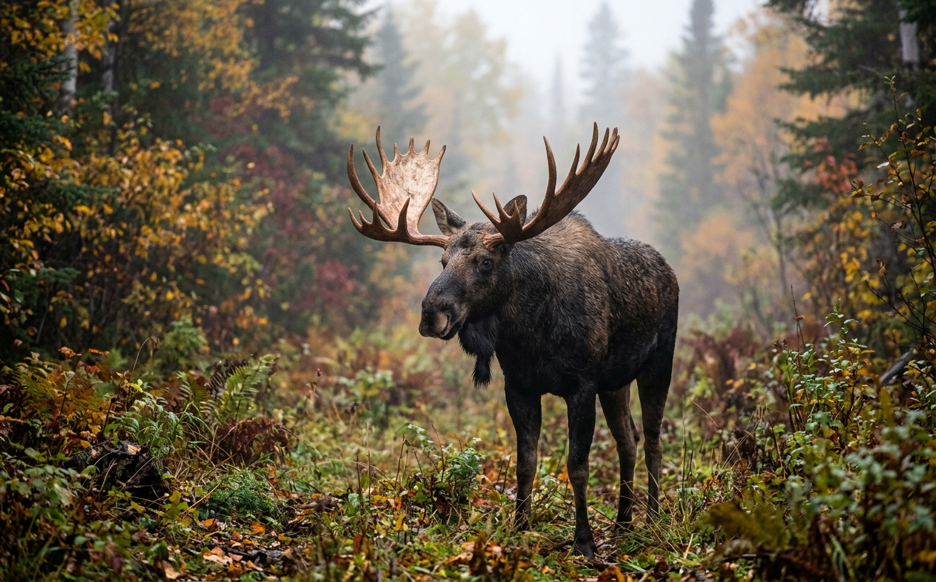 Un grand orignal mâle dans une forêt brumeuse du Nouveau-Brunswick pendant l'automne.
