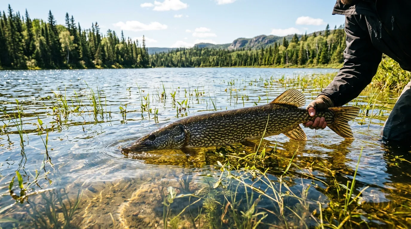 Un grand brochet capturé dans les eaux peu profondes d'un lac en Alberta.