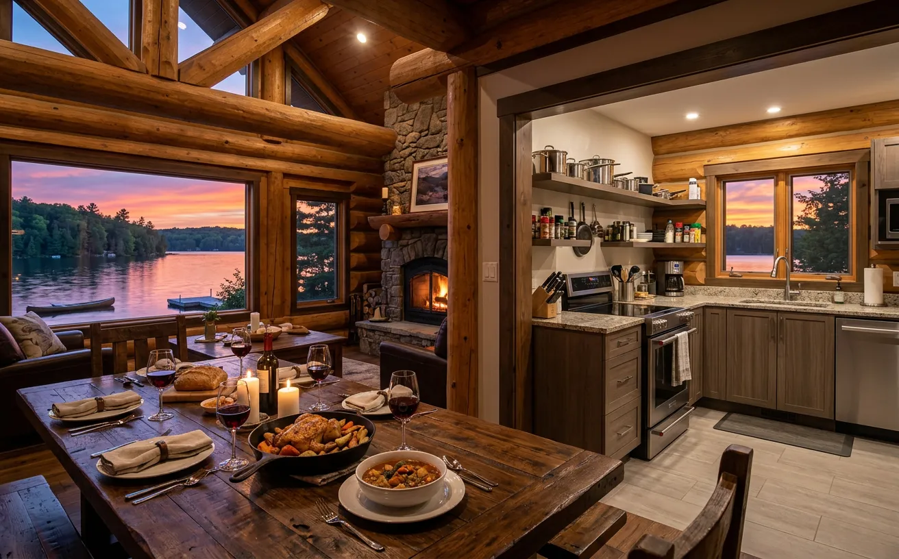 Salle à manger rustique d'une pourvoirie canadienne avec vue sur le lac.