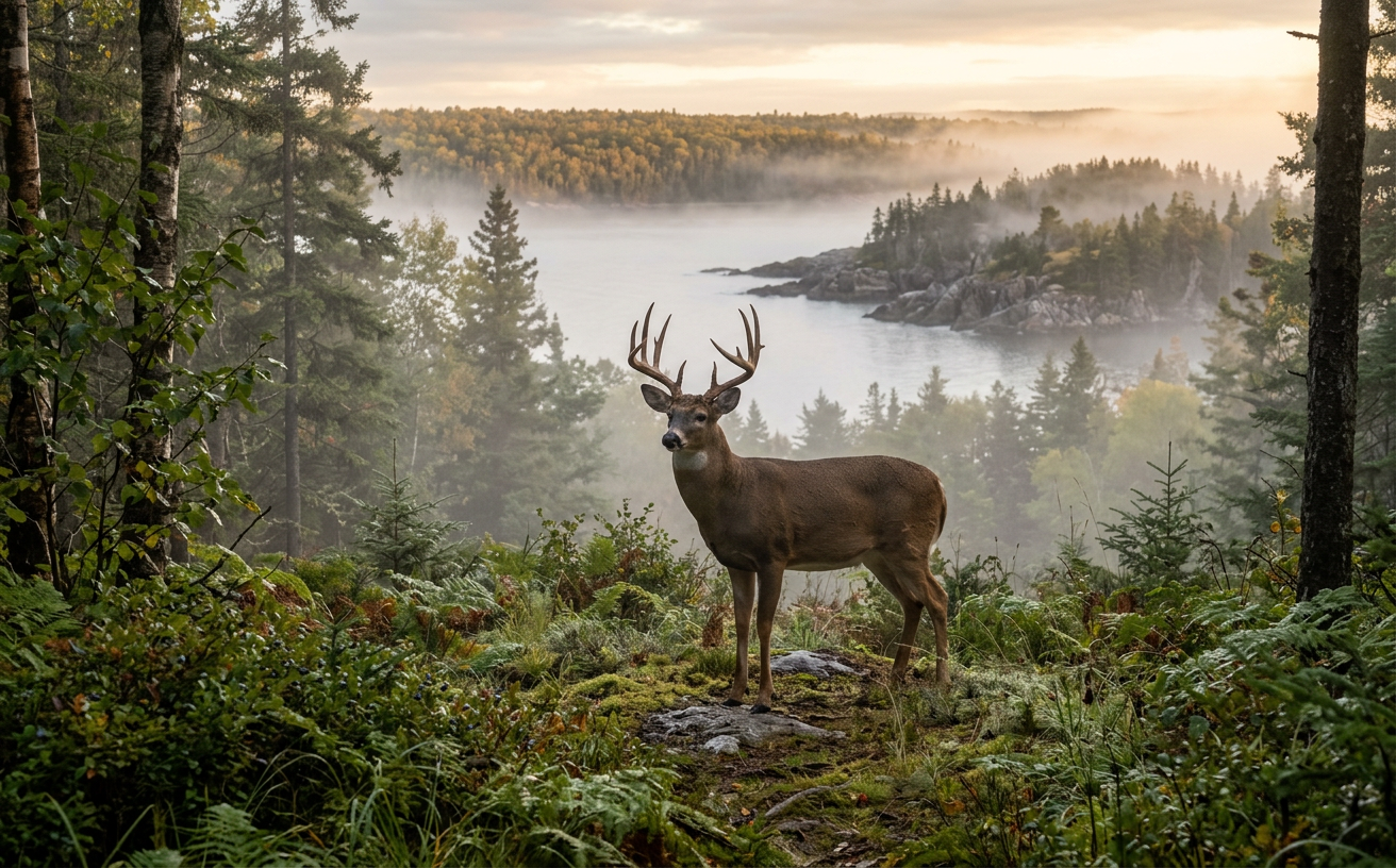 Un cerf de Virginie dans une forêt brumeuse du Québec.