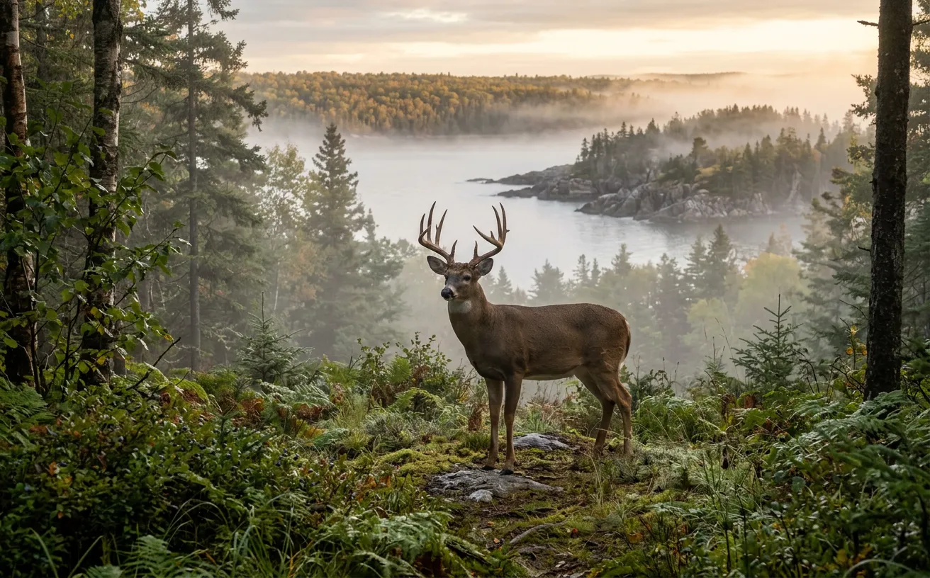 A white-tailed deer standing in a misty Quebec forest at sunrise.