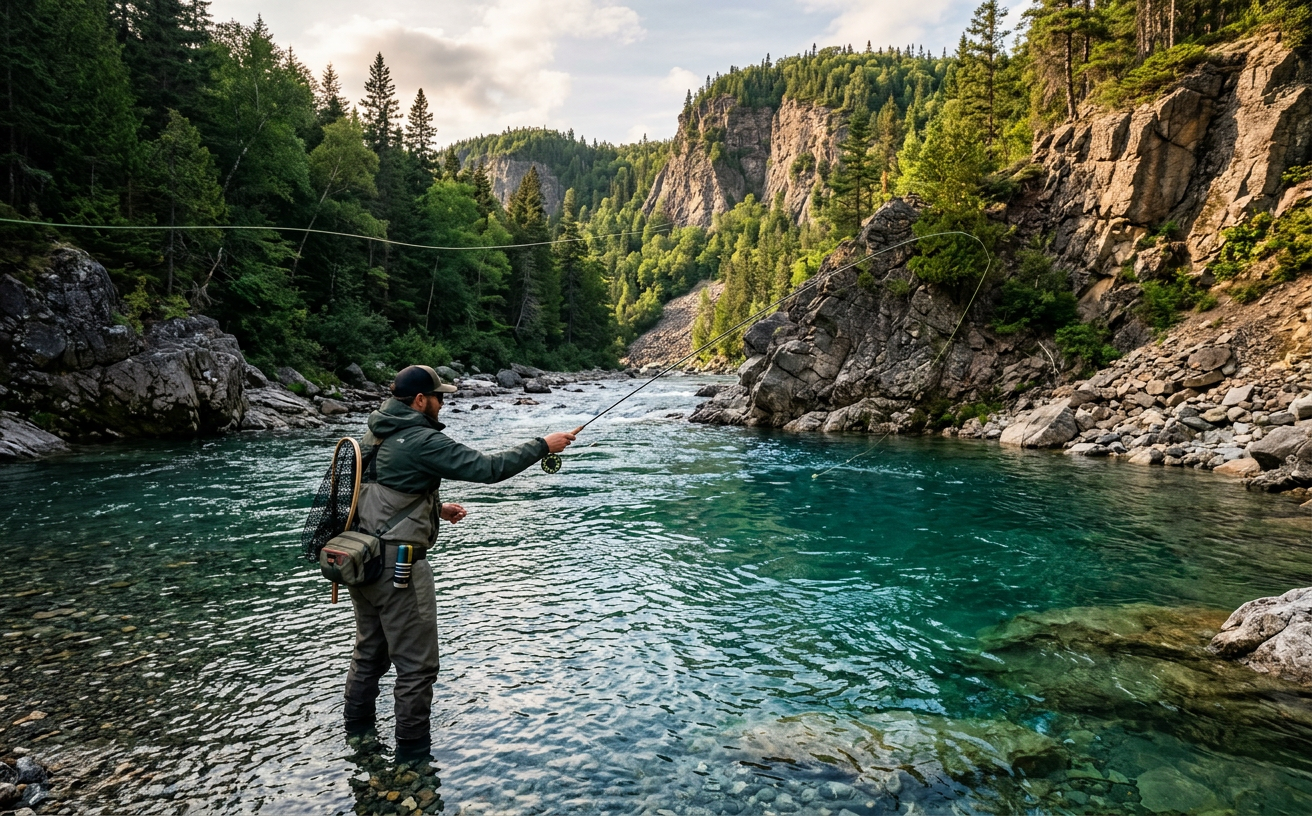 A fly fisherman casting in a clear turquoise salmon pool in Gaspé.