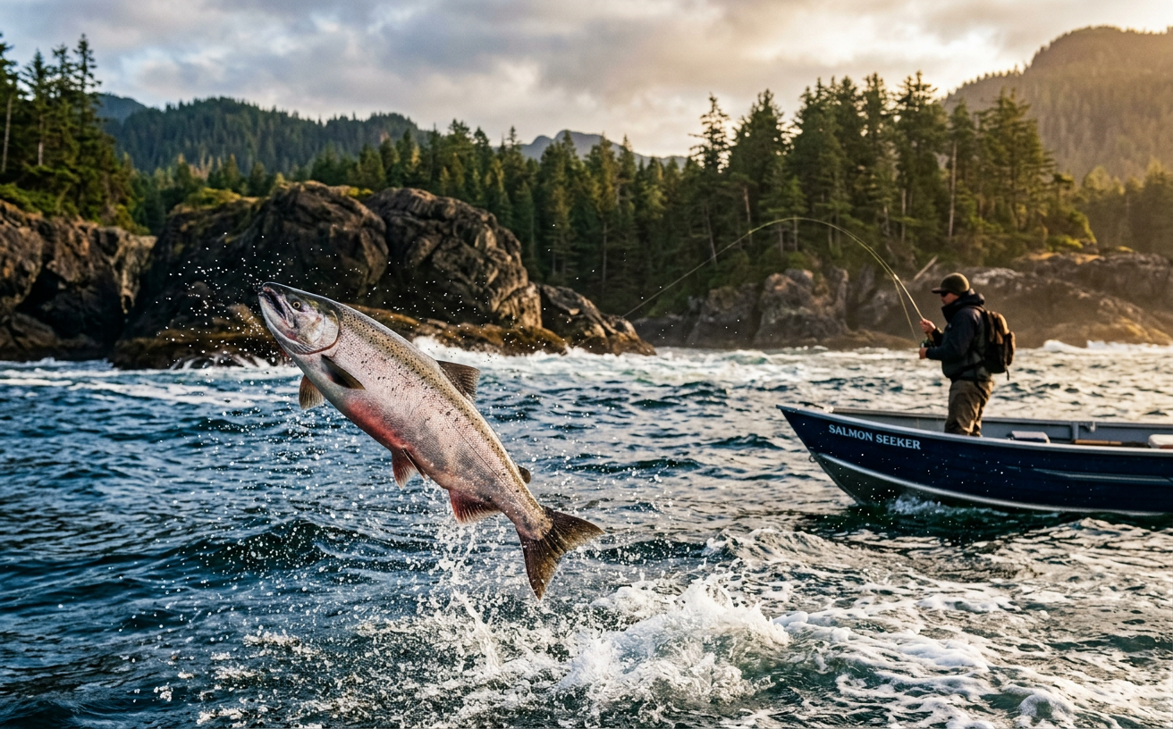 Saumon coho sautant hors de l'eau en Colombie-Britannique lors d'une session de pêche à la mouche.