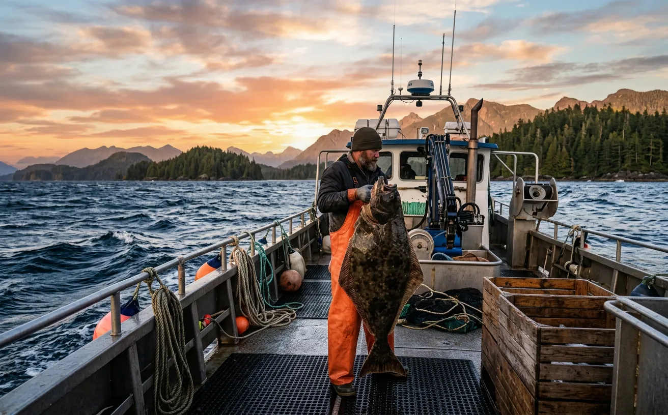 A fisherman on a boat in British Columbia holding a large Pacific halibut with the forested coastline in the background.