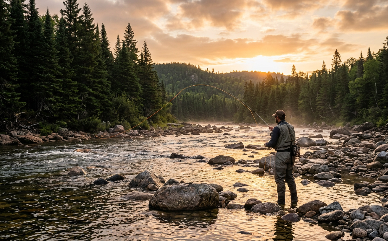 A fly fisherman casting into a North Shore salmon river during a misty morning.