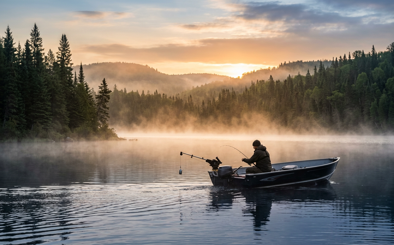 Un pêcheur à la traîne pour la truite grise sur un lac de l'Abitibi au lever du soleil.