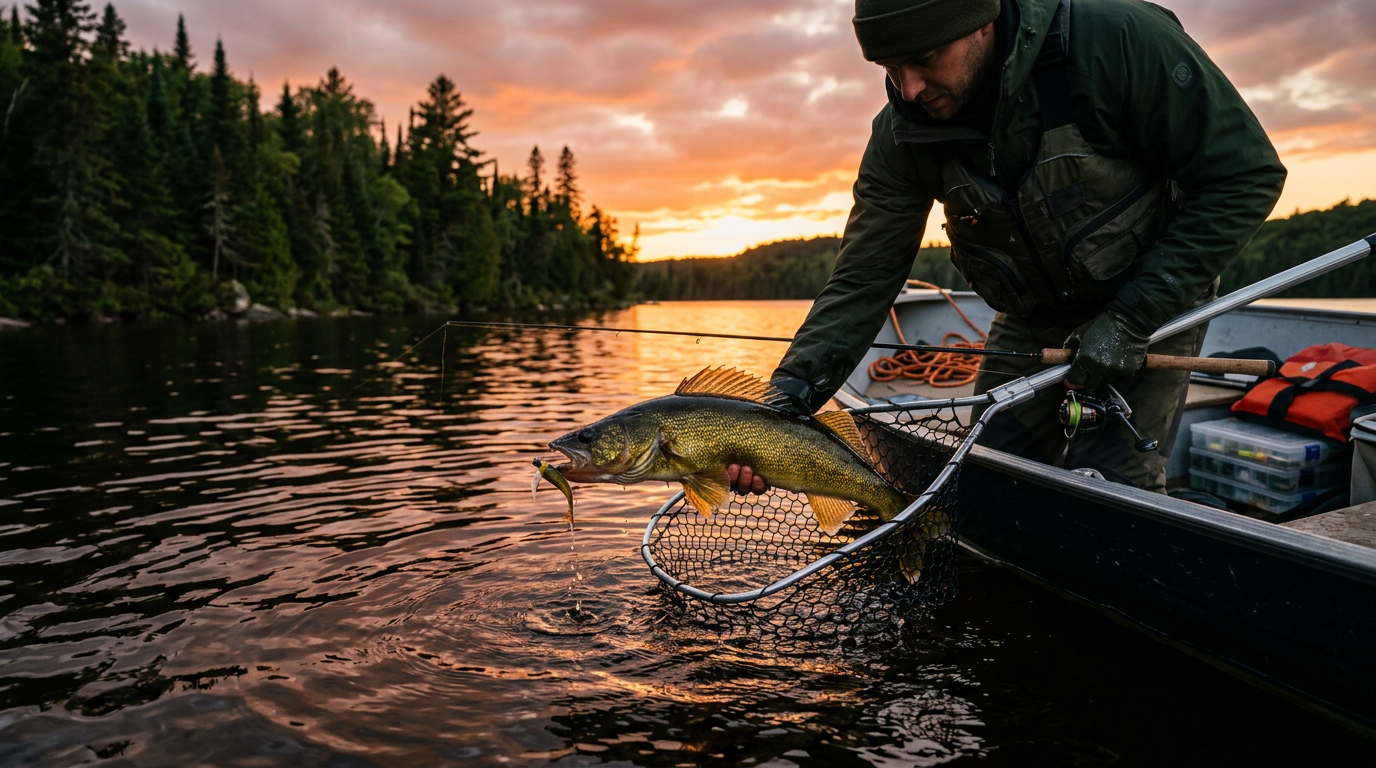 A golden walleye caught in a Mauricie lake at sunset.