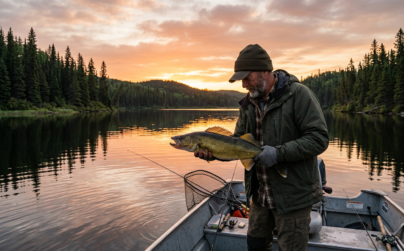 Angler holding a large walleye on a Canadian lake at sunrise.