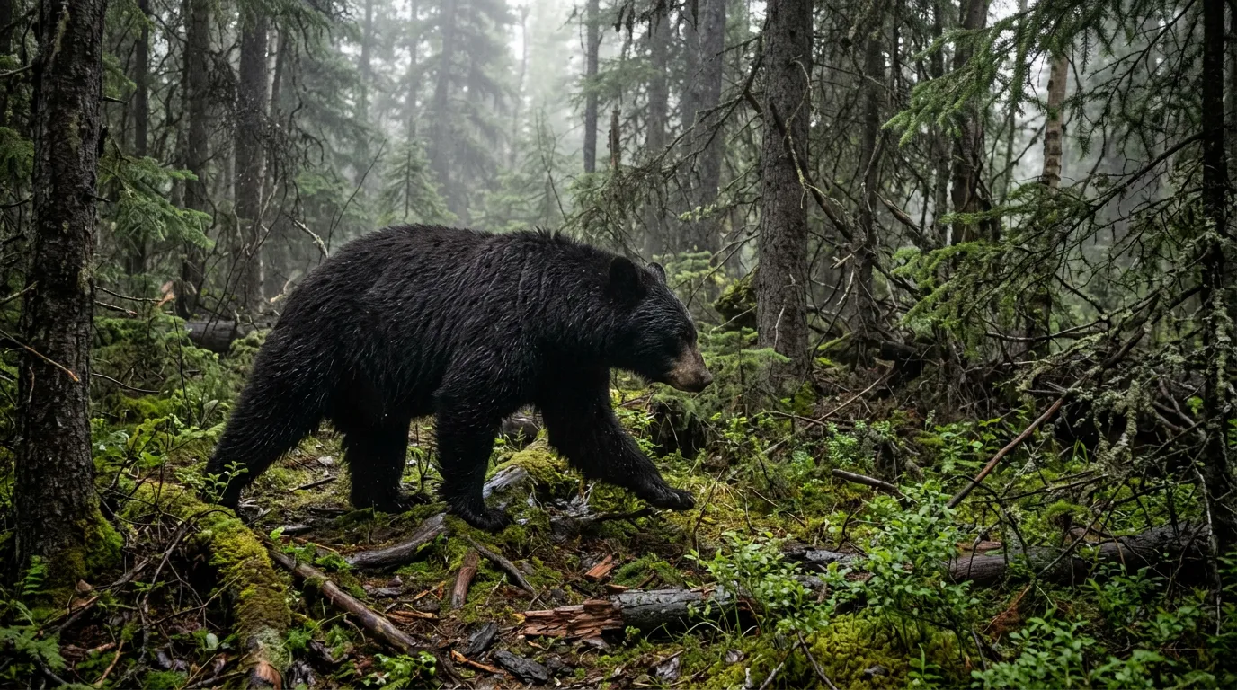 Un ours noir avançant silencieusement dans une forêt boréale dense du Canada.
