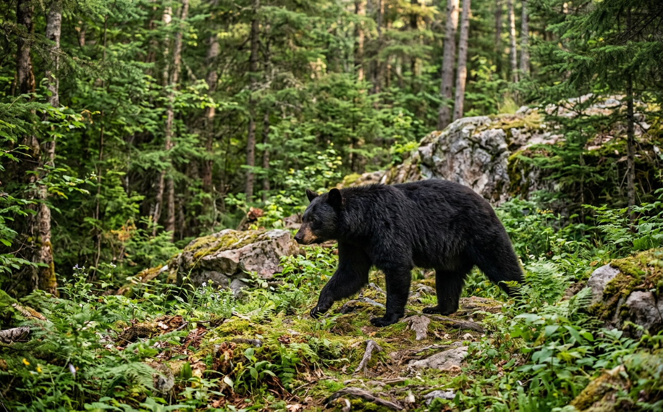 Un ours noir marchant dans une forêt de l'Ontario au printemps.