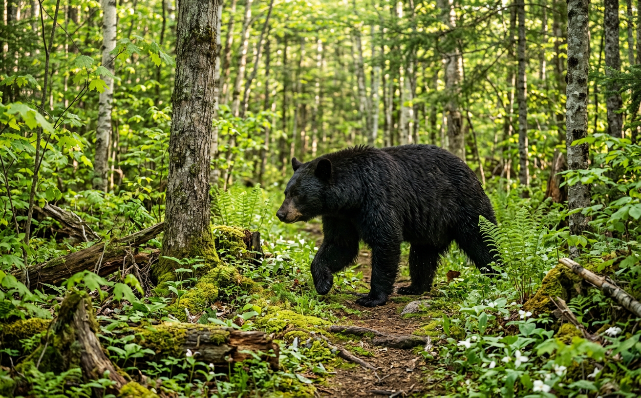 A large black bear walking through a lush green forest in Quebec.