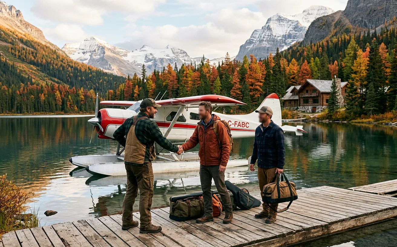 Guide accueillant des clients devant un hydravion dans une pourvoirie canadienne.
