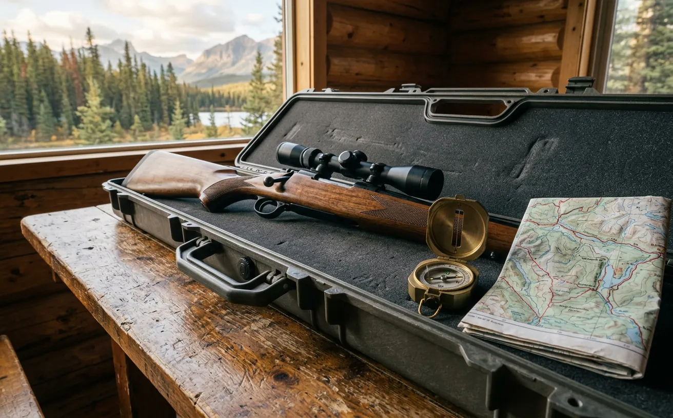 Fusil de chasse sécurisé dans un étui rigide sur une table en bois
