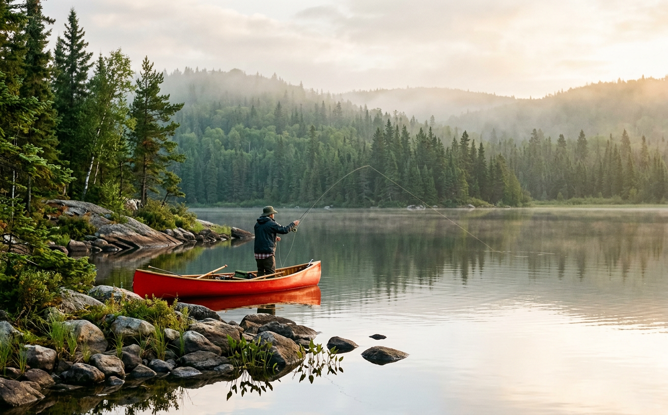 An angler in a canoe on a small wild lake surrounded by boreal forest in Abitibi-Témiscamingue.