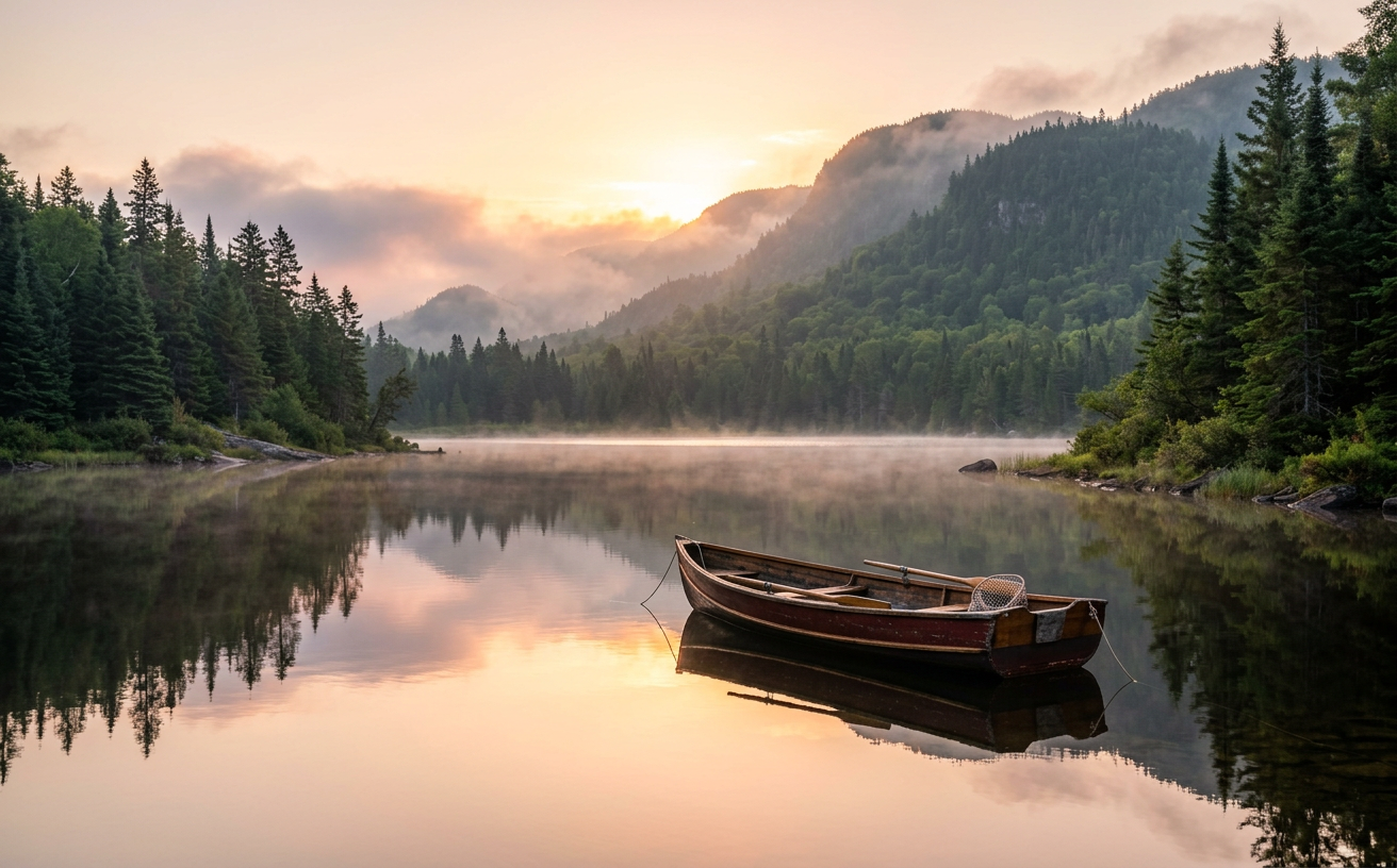 Pêcheur à la truite mouchetée sur un lac calme des Laurentides au lever du soleil.