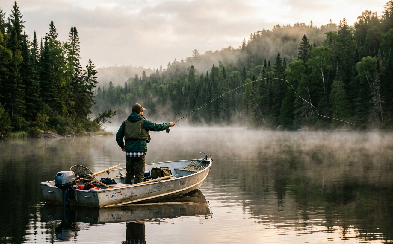 Pêcheur lançant sa ligne depuis une chaloupe sur un lac brumeux en Mauricie.