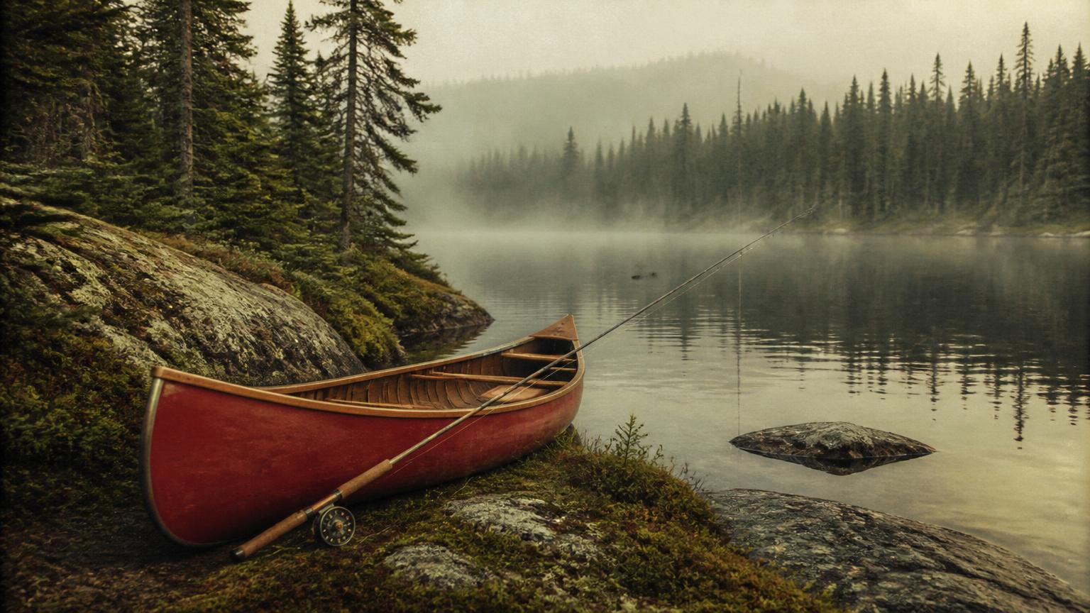 Canot rouge et canne à mouche au bord d'un petit lac à truite mouchetée dans la brume