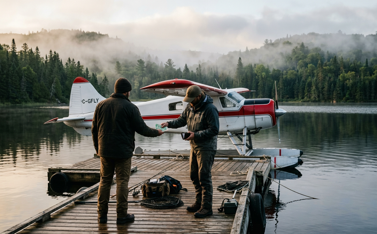 A fisherman and his guide talking on a wooden dock in front of a floatplane in the Canadian wilderness.