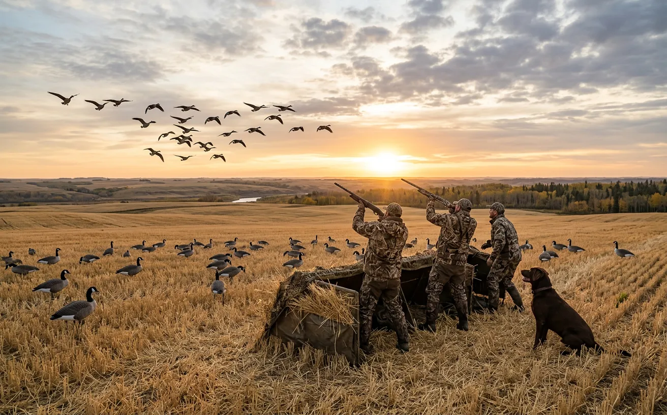 Chasseurs d'outardes dans un champ de blé au lever du soleil au Canada