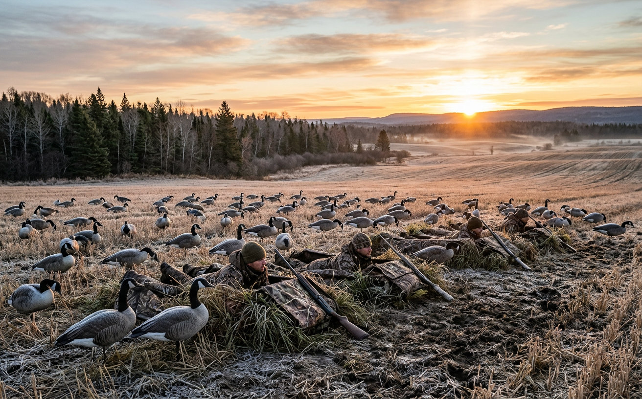 Canada goose decoys in a Quebec farm field at sunrise.