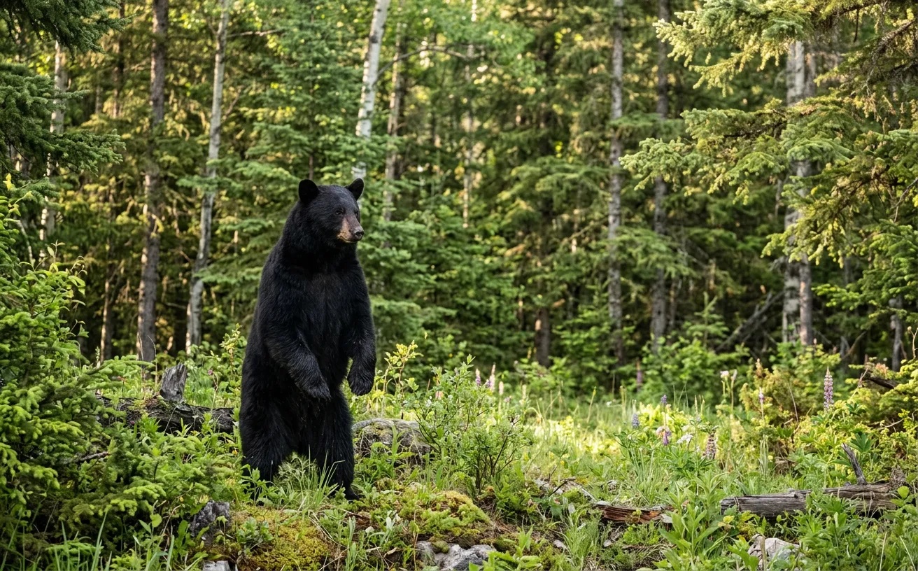 Un ours noir majestueux à la lisière d'une forêt boréale au printemps