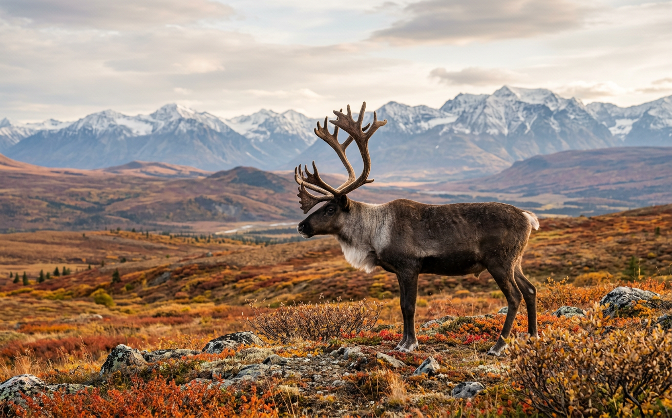 Un caribou solitaire sur la toundra colorée du Nord-du-Québec en automne.