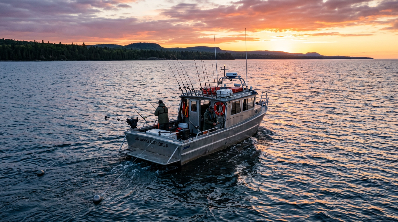 Trolling boat on Lake Ontario equipped with downriggers for salmon fishing.