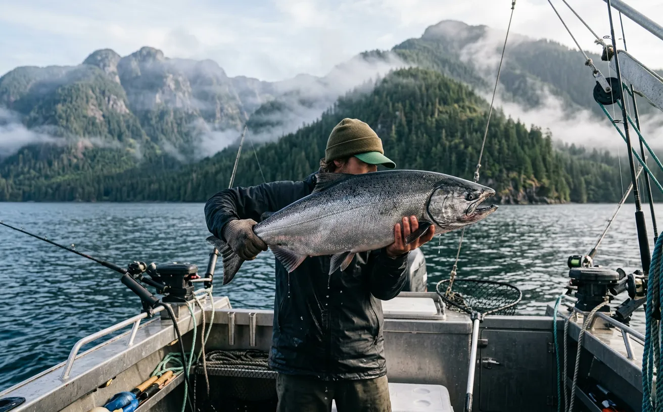 Un pêcheur tenant un gros saumon Chinook argenté sur un bateau en Colombie-Britannique.
