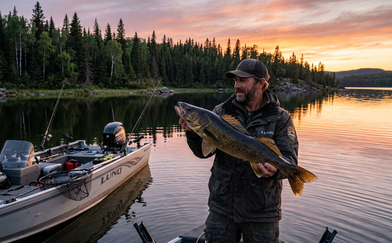 An angler holding a large walleye on an Alberta lake at sunset.