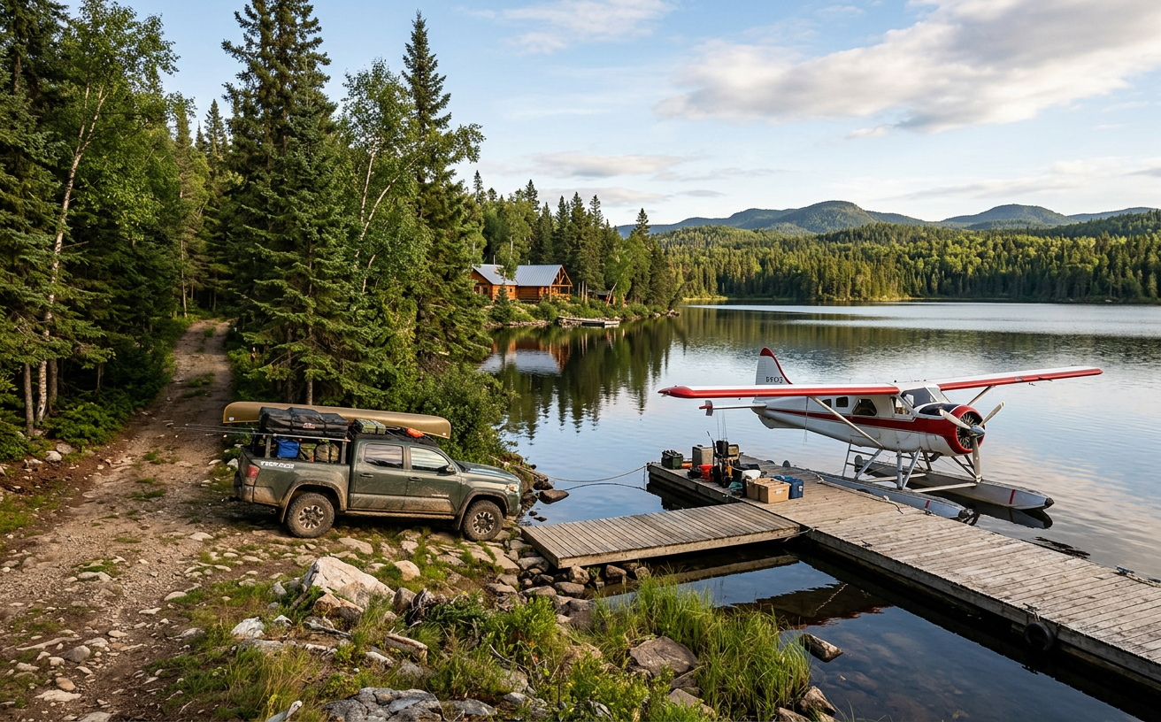 A floatplane at a dock and a 4x4 vehicle illustrating different access methods for Canadian fishing outfitters.