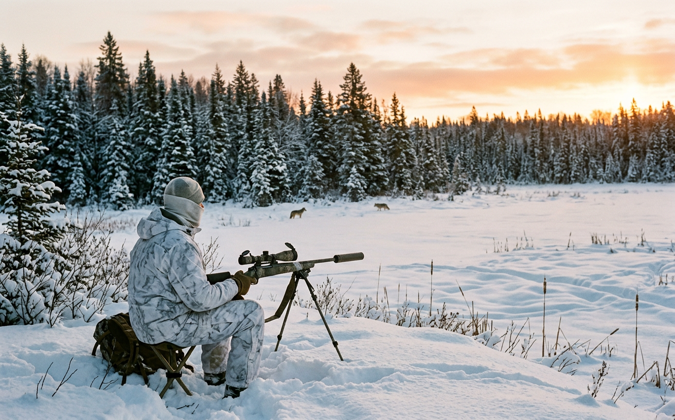 Coyote hunter in white camouflage in a snowy Quebec field.