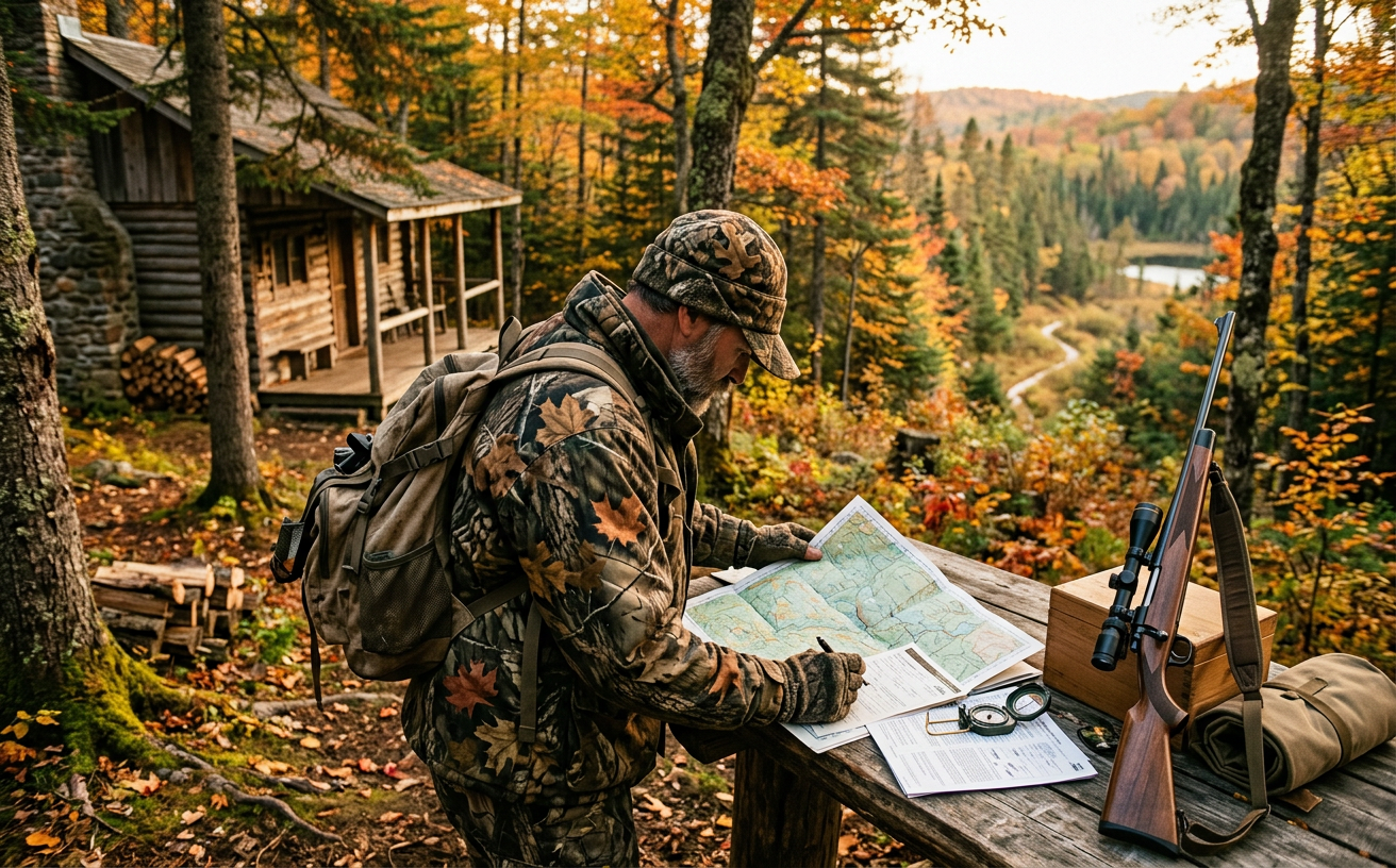 A hunter reviewing licensing documents in front of a hunting lodge in autumn.
