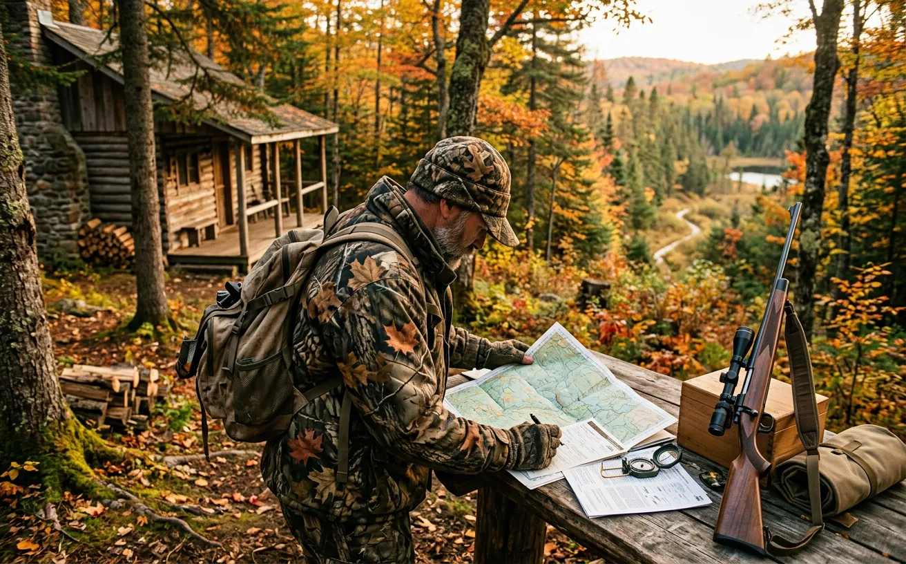 Un chasseur consultant des documents de permis devant une pourvoirie en automne.