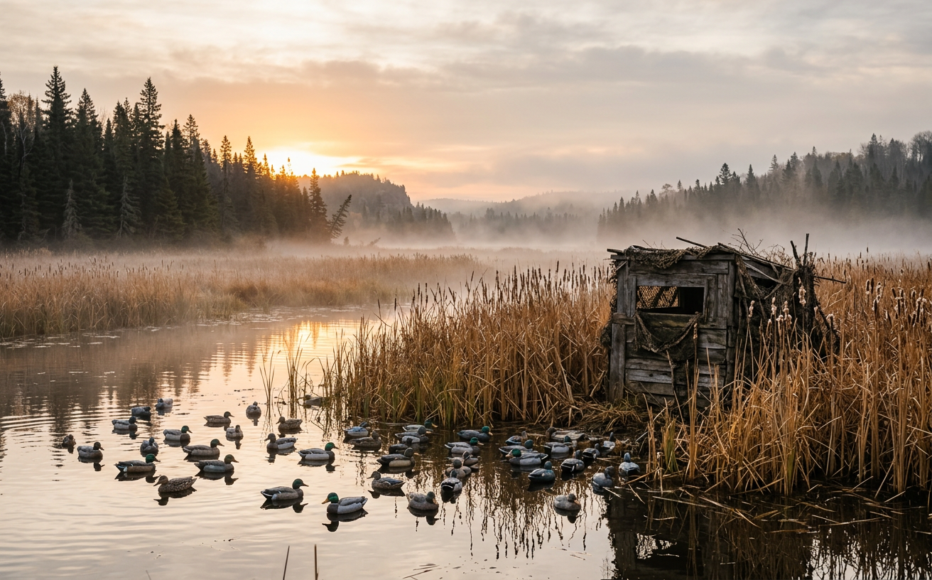 A duck hunting marsh at sunrise with decoys and a blind hidden in the reeds.