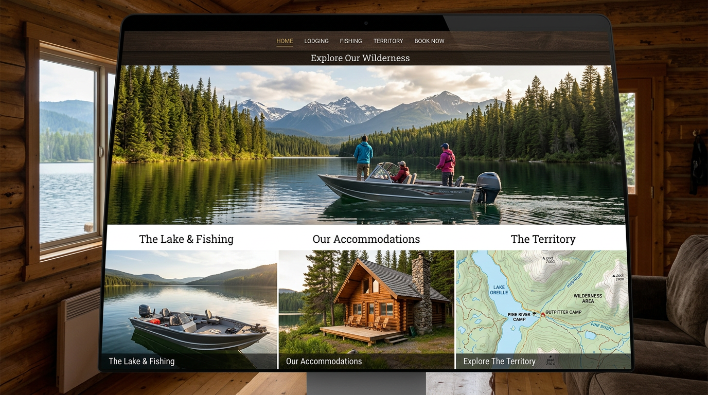 A professional outfitter website interface displaying quality lodge facilities and wilderness territory.