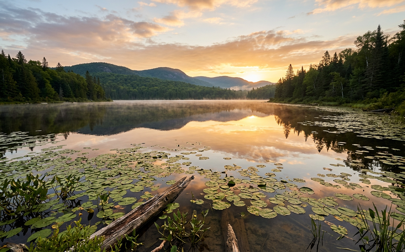 Un lac paisible des Laurentides avec des nénuphars et du bois mort au lever du soleil.
