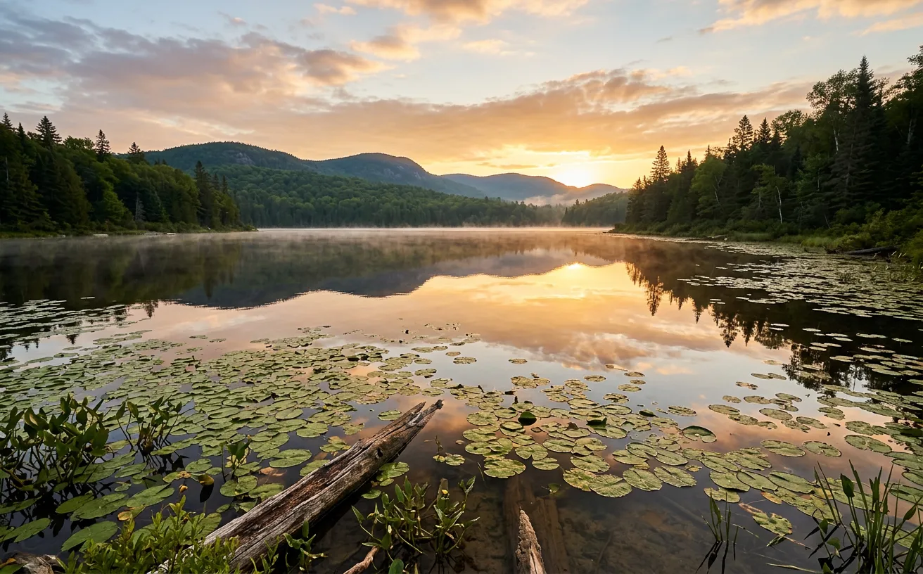 Un lac paisible des Laurentides avec des nénuphars et du bois mort au lever du soleil.