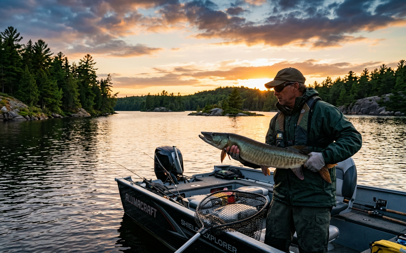 Un pêcheur tenant un gros maskinongé sur un lac en Ontario au coucher du soleil.